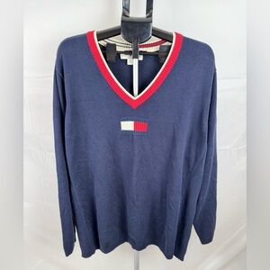 Tommy Hilfiger Women’s 3X‎ V-Neck Flag Logo Sweater Navy Red White Cotton Knit